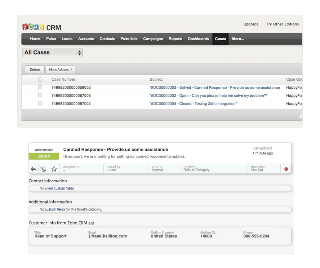 Zoho CRM integration is a great value add for small businesses wherein your customer data sits along the ticket information