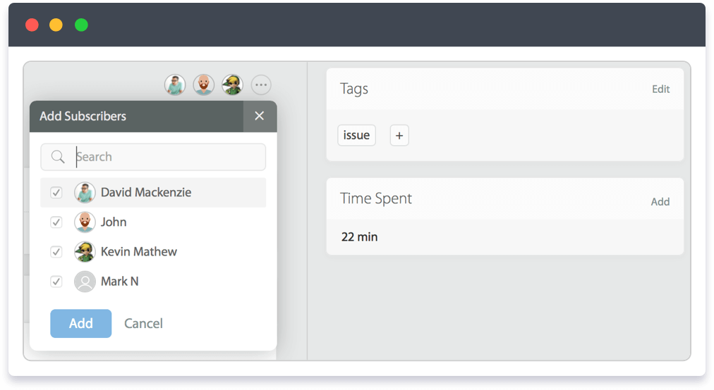 HappyFox help desk allows you to add subscribers, tags and time spent for tracking and analysing support process