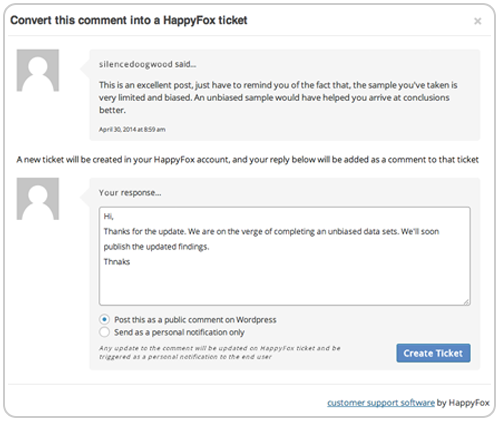 Convert wordpress blog comments into help desk tickets