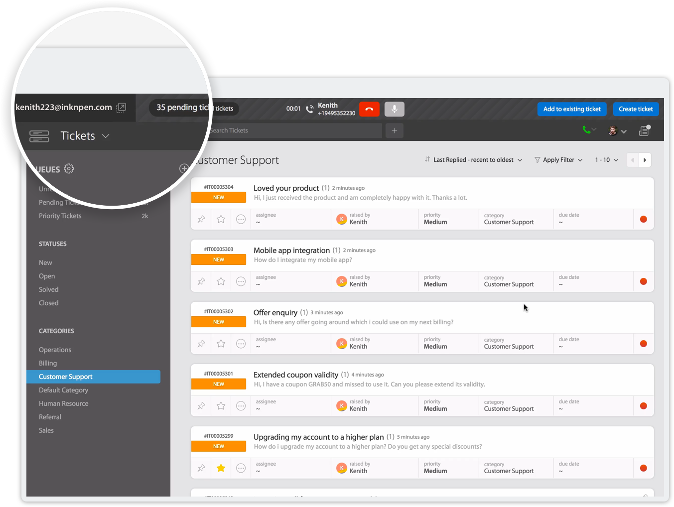 Automatically pull up all past tickets with RingCentral Happyfox Integration