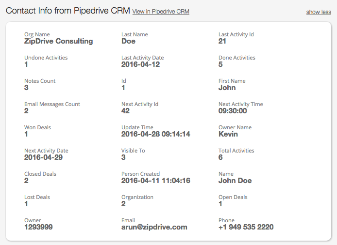 Holistic view of customer information from Pipedrive CRM on HappyFox help desk software