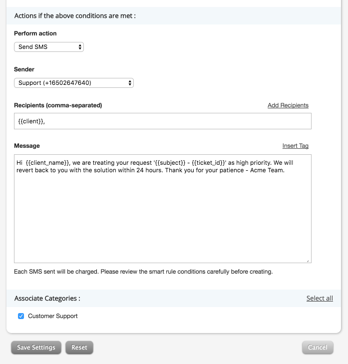 Trigger automatic SMS through Smart Rules