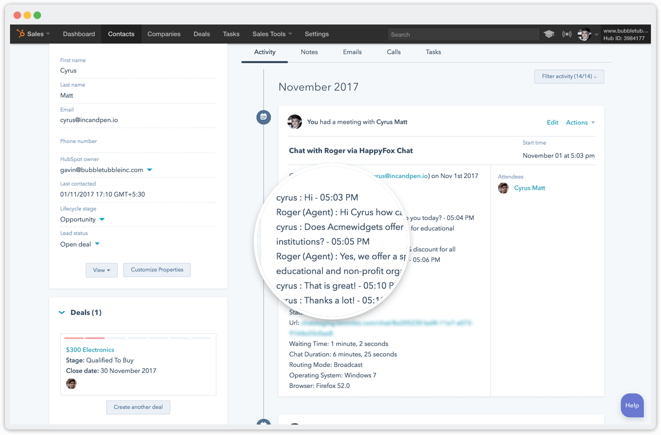 Hubspot chat transcript