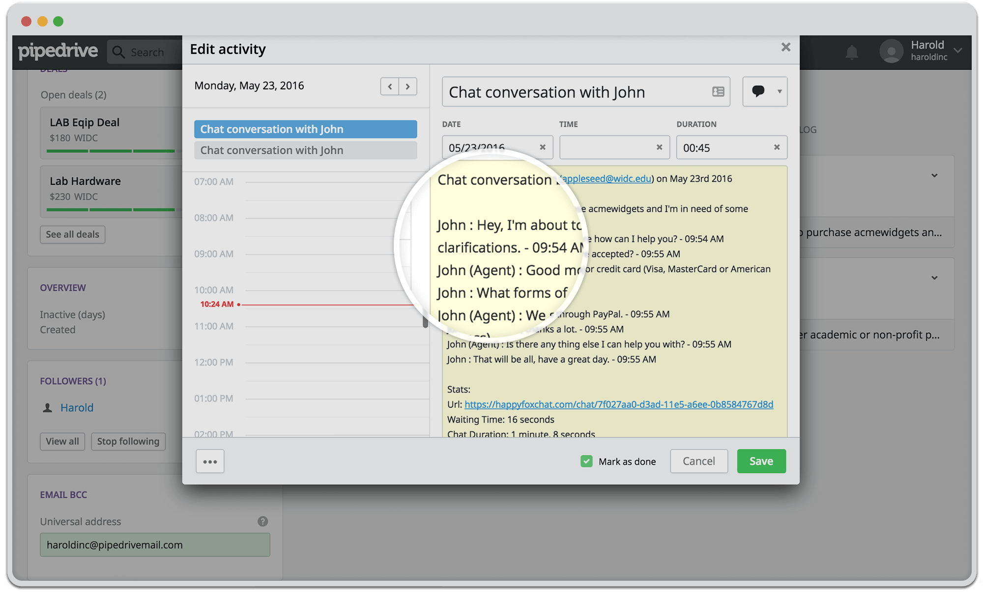 Live chat transcripts in Pipedrive CRM