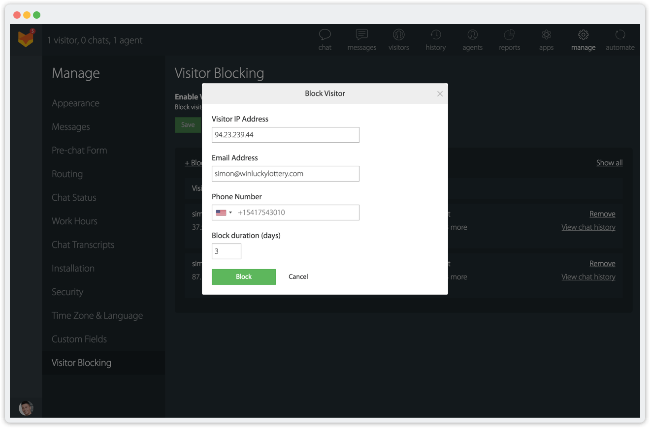 Manual visitor blocking