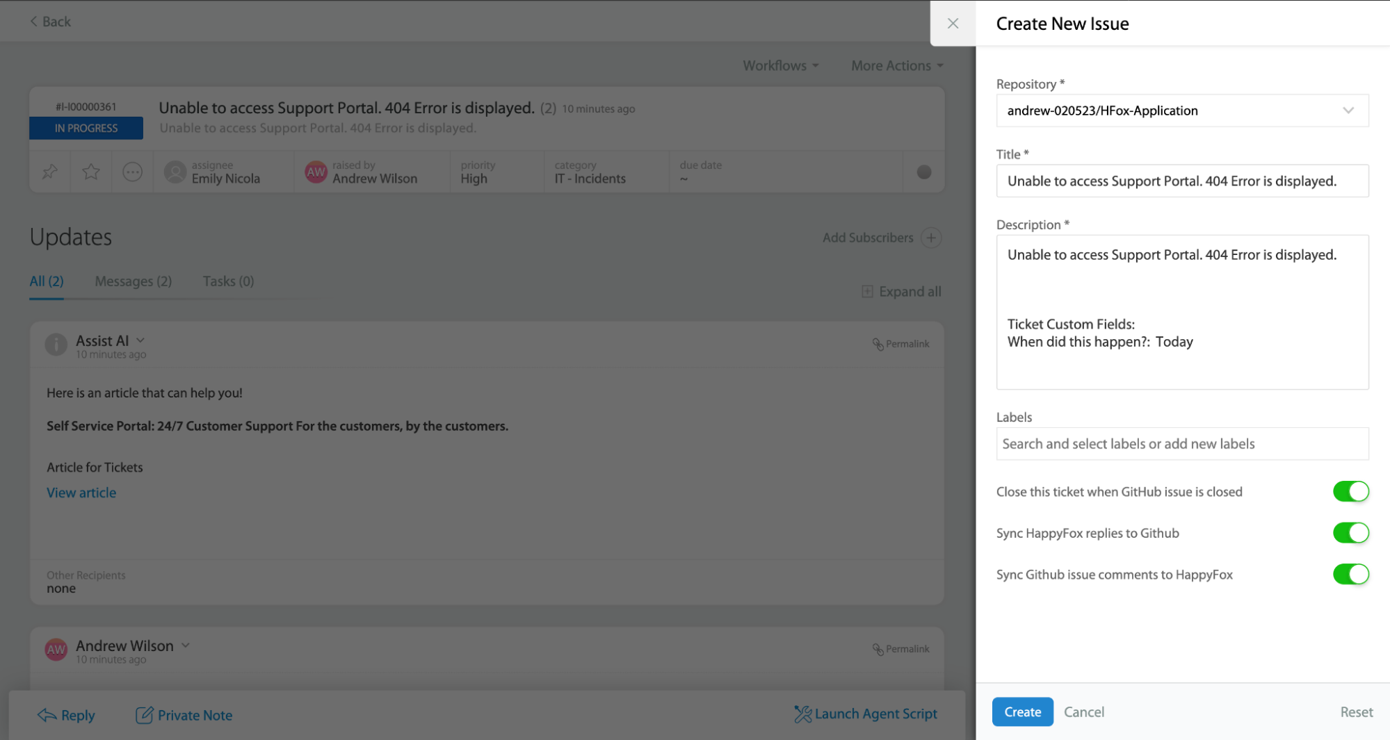 Create, link, and track issues in GitHub from within the Service Desk